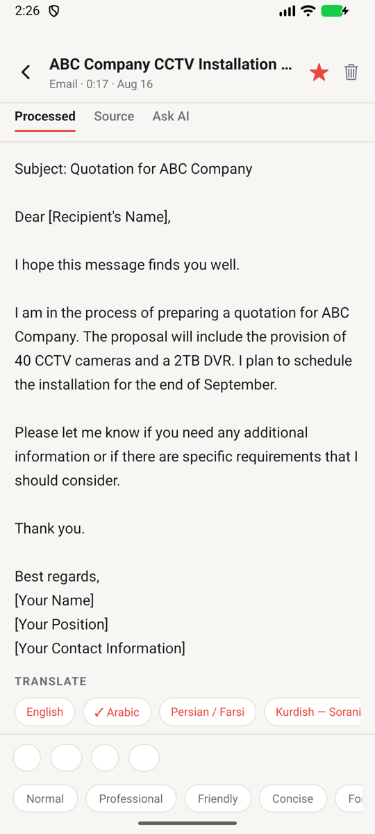 TalkOK turning a recording into a polished email, with an AI written title